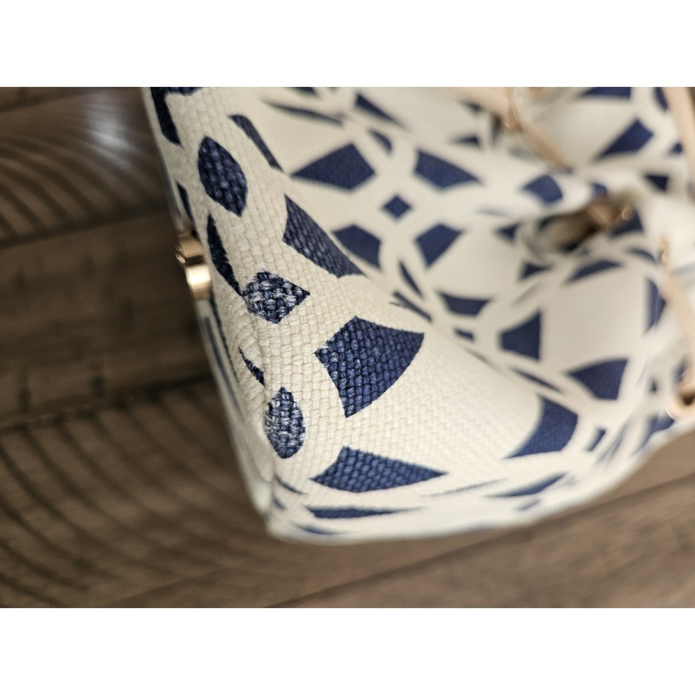 Spartina 449 Bucket Bag Blue Geo Linen Leather Drawstring Nautical Coastal Chic - Picture 15 of 16